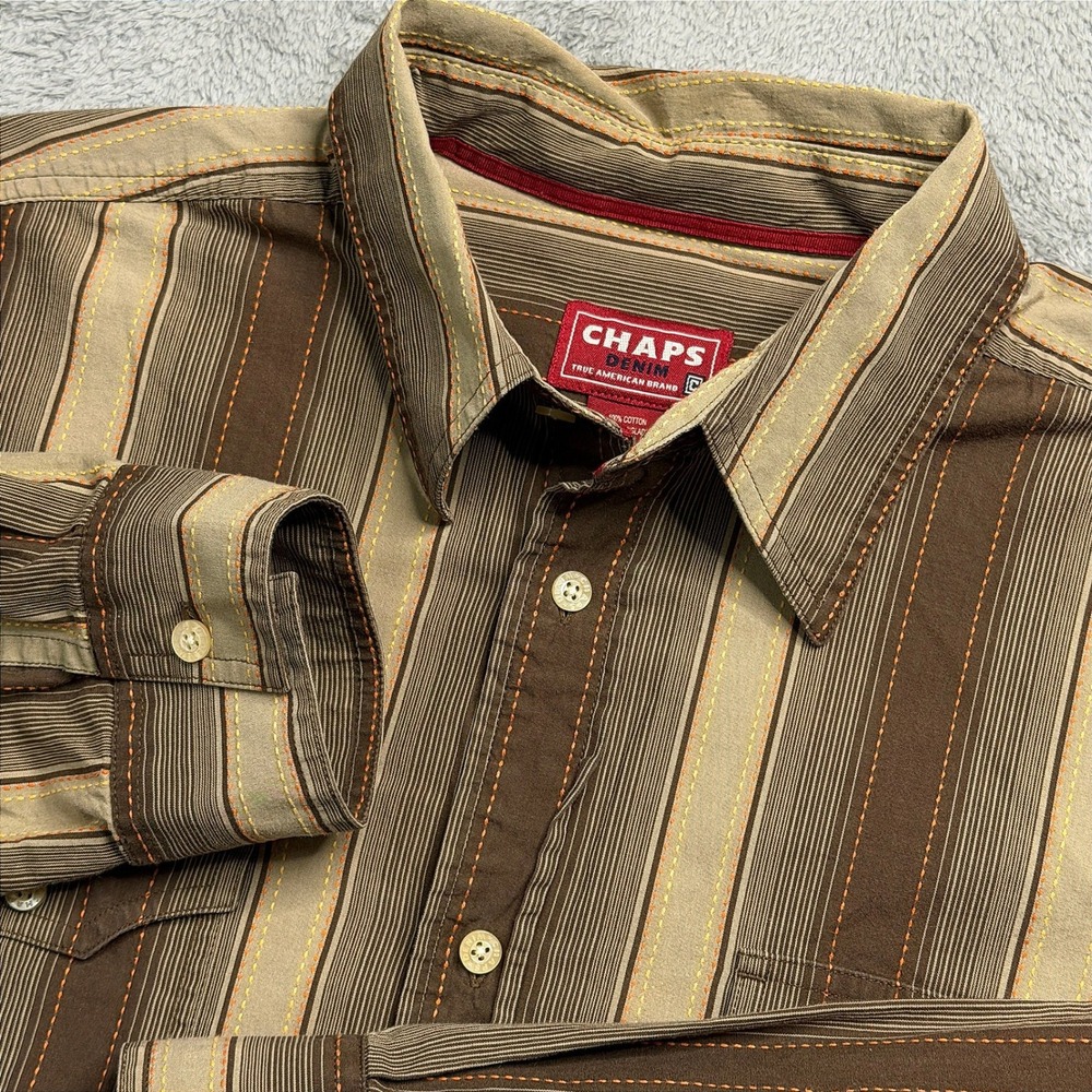 Chaps Denim Mens Brown Tan Striped Western Button Down Shirt Medium Long Sleeve